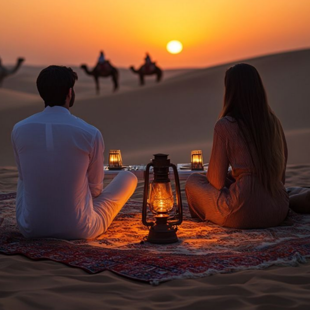 Couple assis sur un tapis dans le désert marocain au coucher du soleil, lanternes allumées et caravane de dromadaires en arrière-plan.