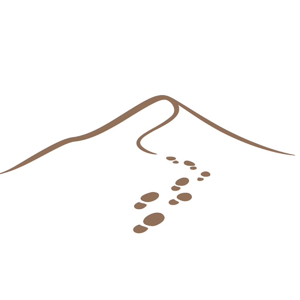 Logo minimaliste représentant une dune et des empreintes de pas dans le sable.