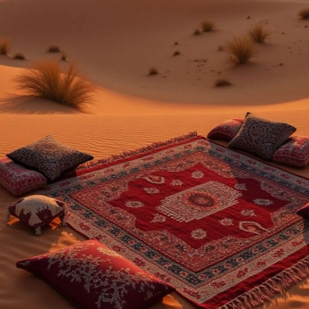 Tapis marocain rouge et coussins orientaux installés dans le sable doré du désert au coucher du soleil.