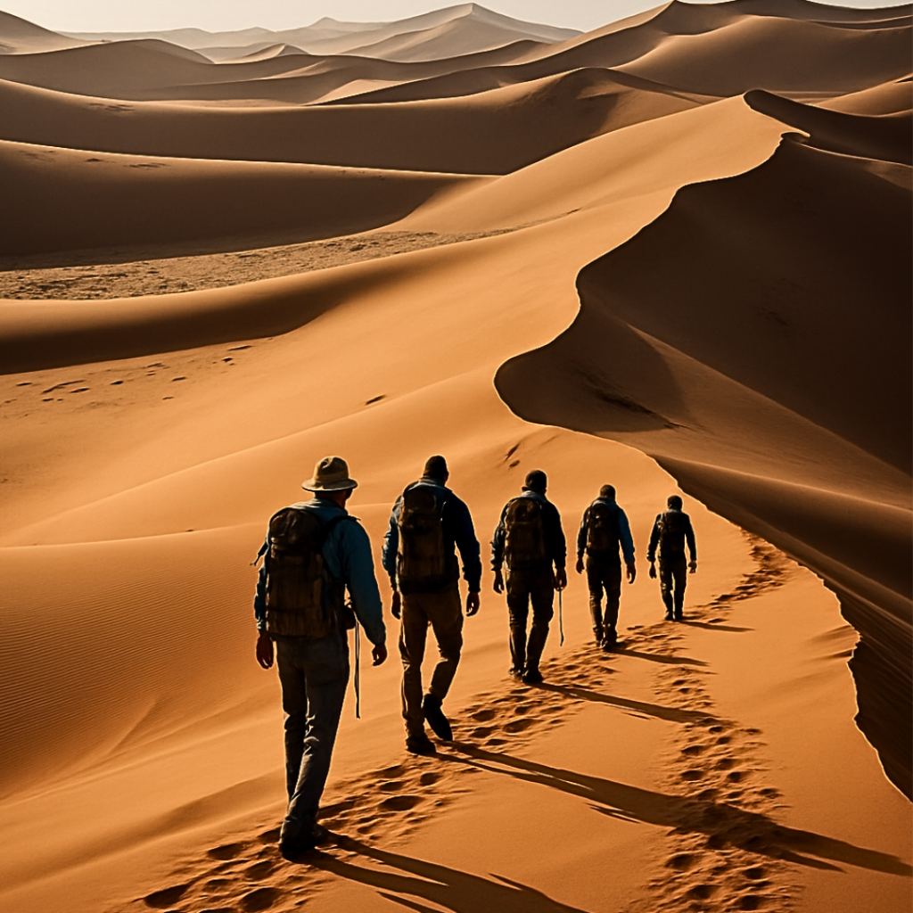 Trekking dans les dunes du désert marocain – randonnée saharienne au cœur de l’Erg Chegaga avec un groupe de voyageurs.