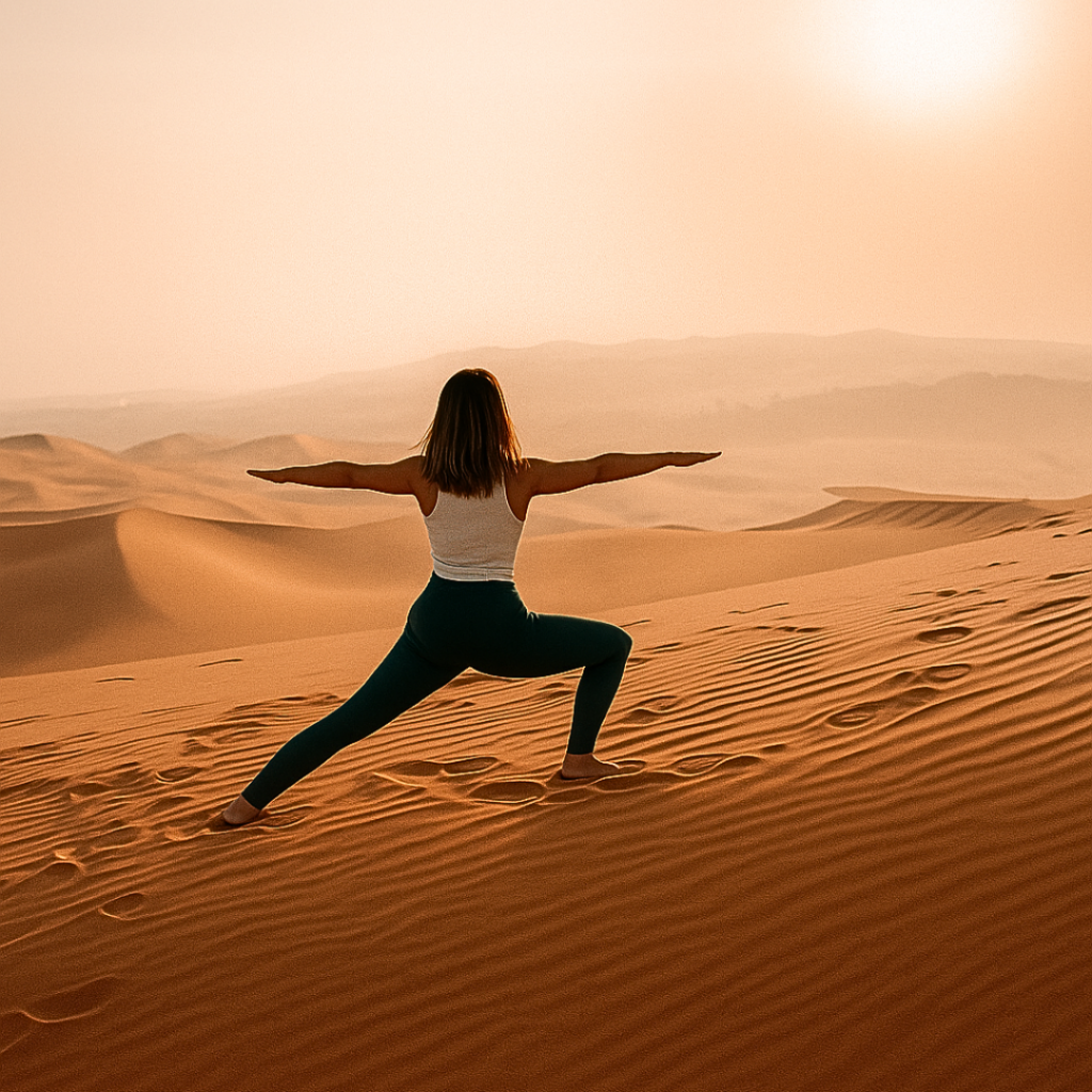 Femme pratiquant le yoga au lever du soleil dans les dunes du désert de Chegaga